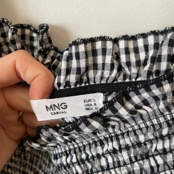 Mango Square Neck Puff Sleeve Smocked Bodice Black White Gingham Mini Dress Sz L - Picture 7 of 7